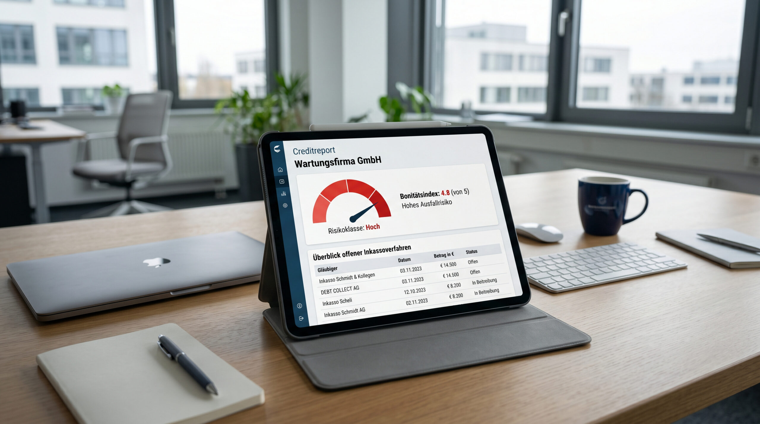 Digitale Bonitätsauskunft auf einem Tablet mit rotem Risikowert und einer Liste von Inkassoverfahren auf einem Bürotisch.