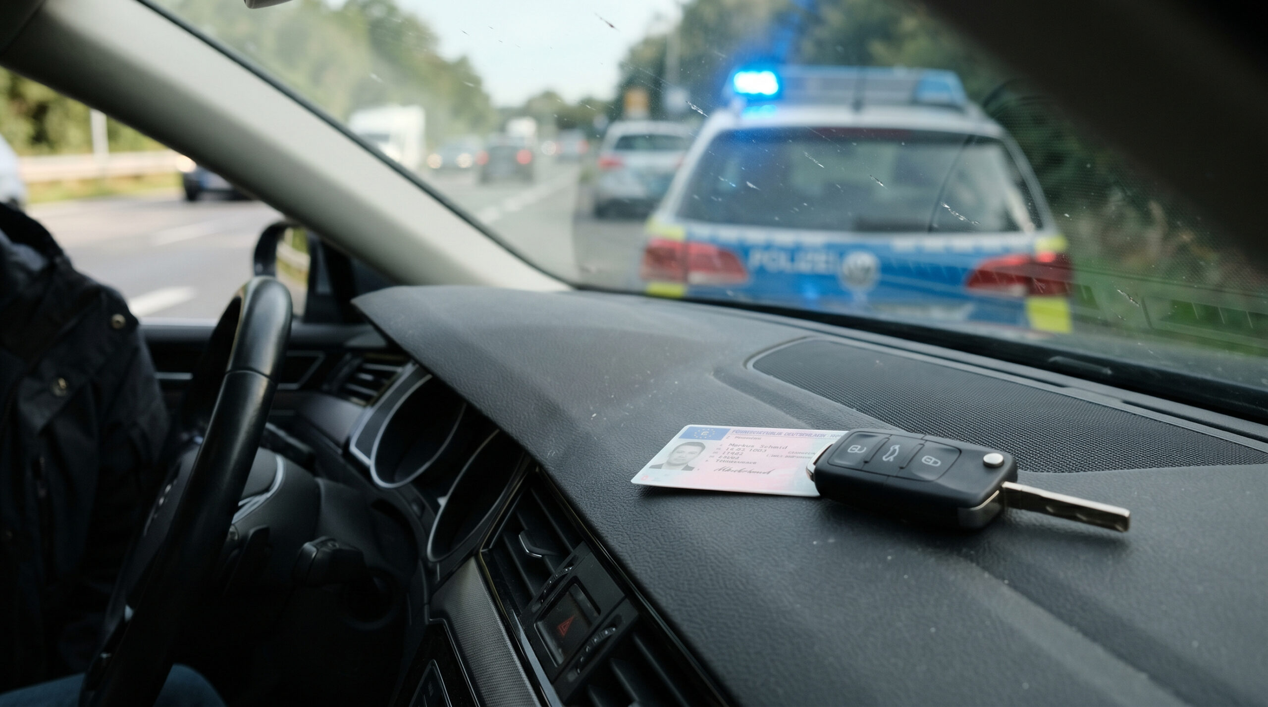 Deutscher Führerschein und Autoschlüssel auf einem Armaturenbrett, im Hintergrund spiegelt sich blaues Licht.