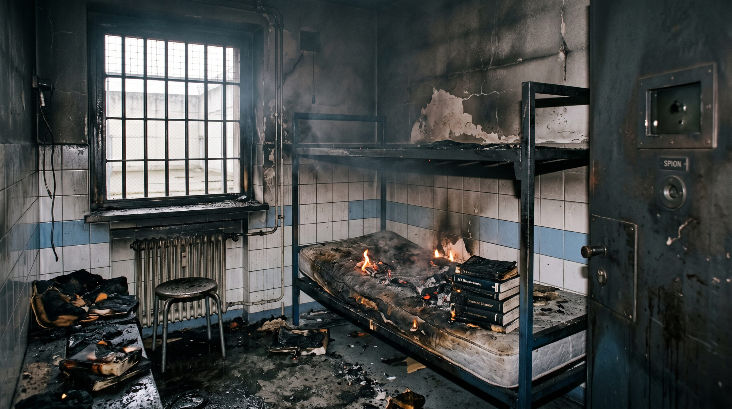 Verrußte Arrestzelle mit brennenden Büchern auf einem schmalen Bett vor einer gefliesten Wand mit Gitterfenster.