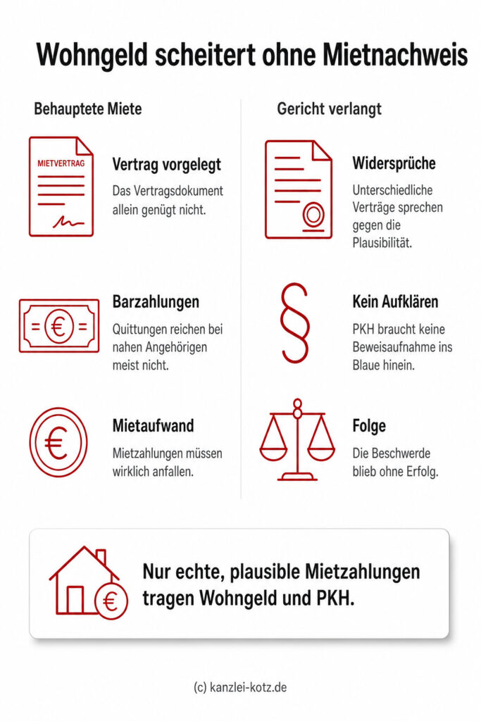 Infografik: Gegenüberstellung von behaupteten Mietzahlungen und den strengen Nachweisanforderungen des Gerichts – Wohngeld und Prozesskostenhilfe scheitern ohne echten, plausiblen Mietnachweis.