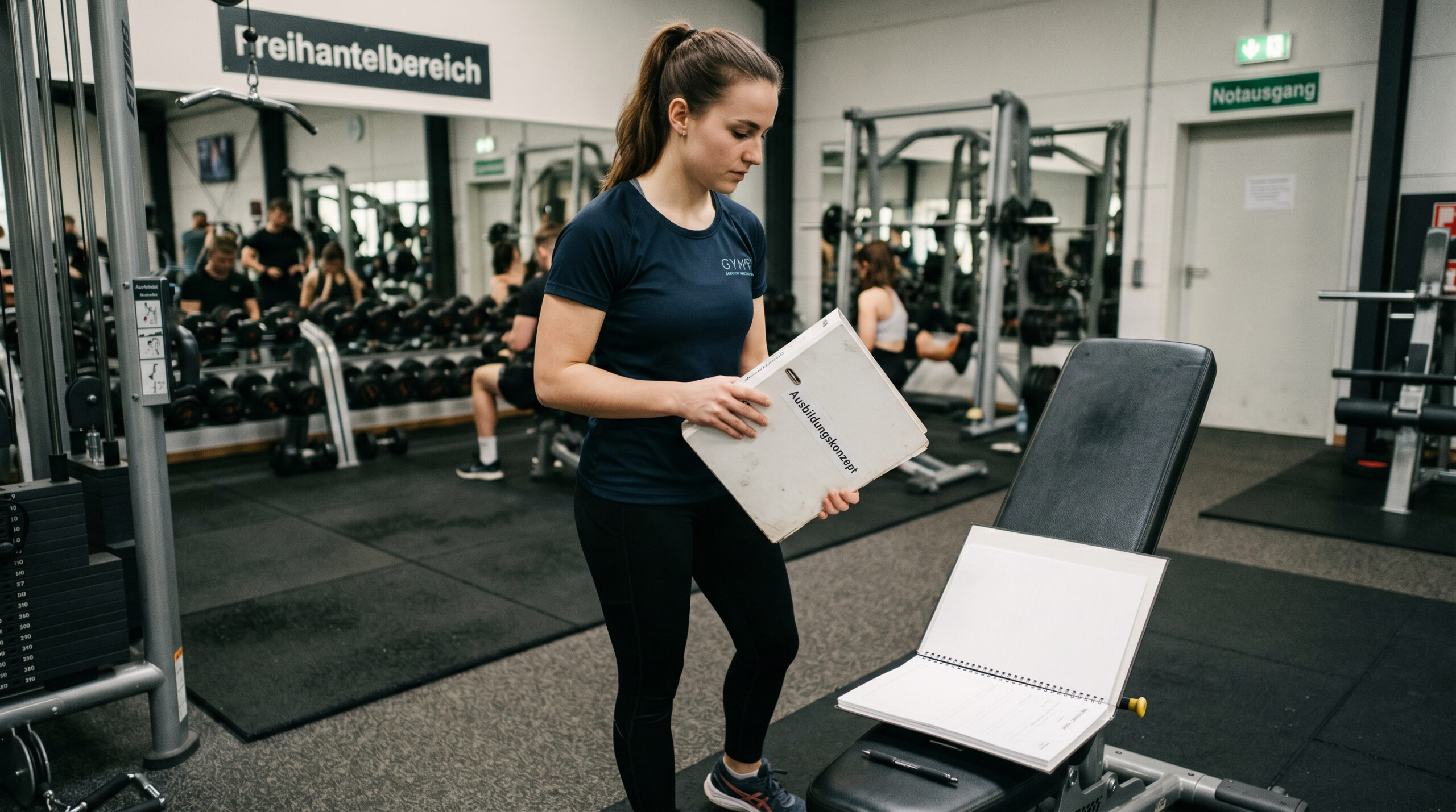 Frau in Sportkleidung mit Ordner 'Ausbildungskonzept' neben leerem Berichtsheft auf einer Hantelbank im Fitnessstudio.