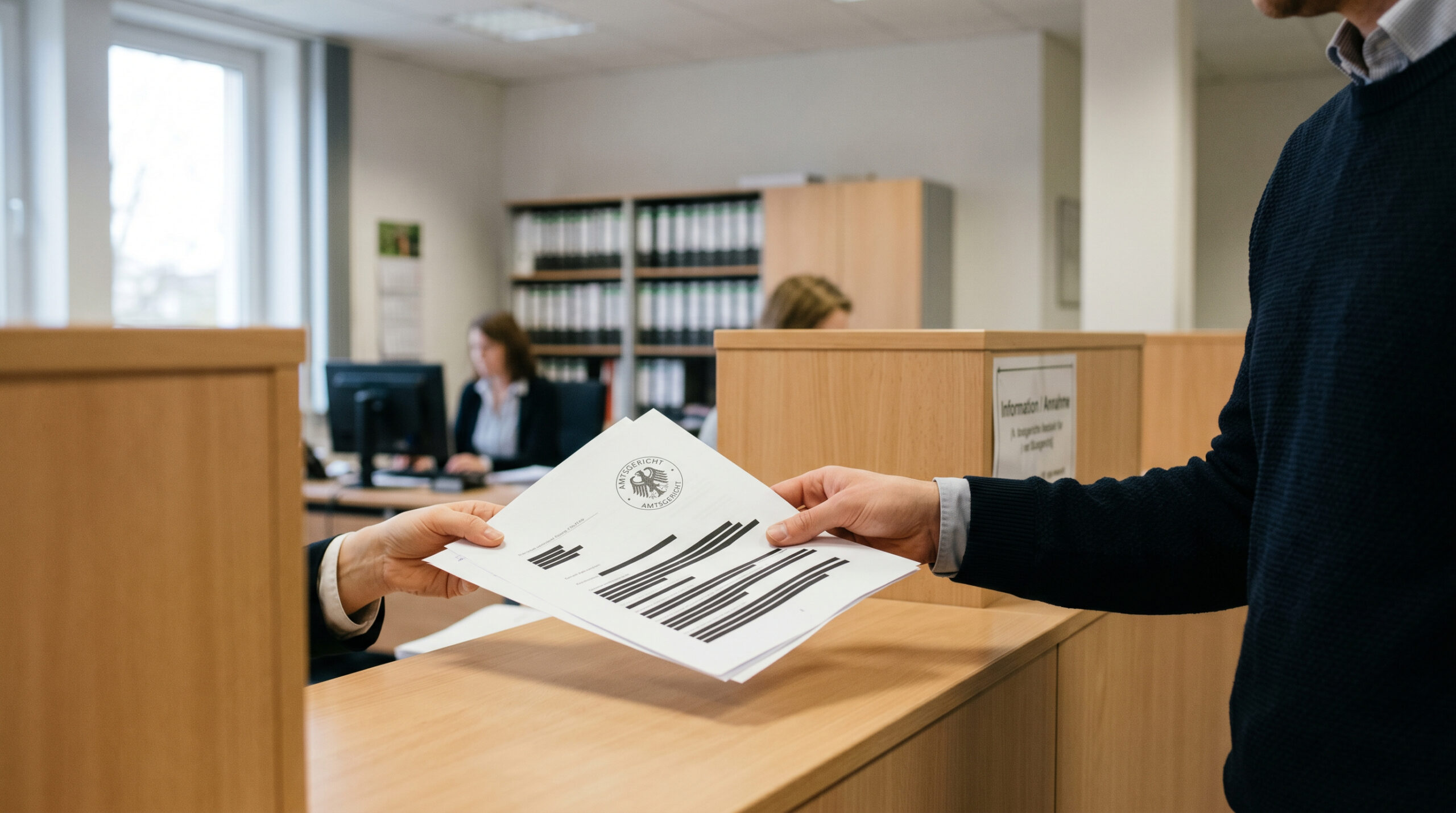 Anonymisiertes Gerichtsurteil mit schwarzen Schwärzungen wird an einem hellen Tresen entgegengenommen.