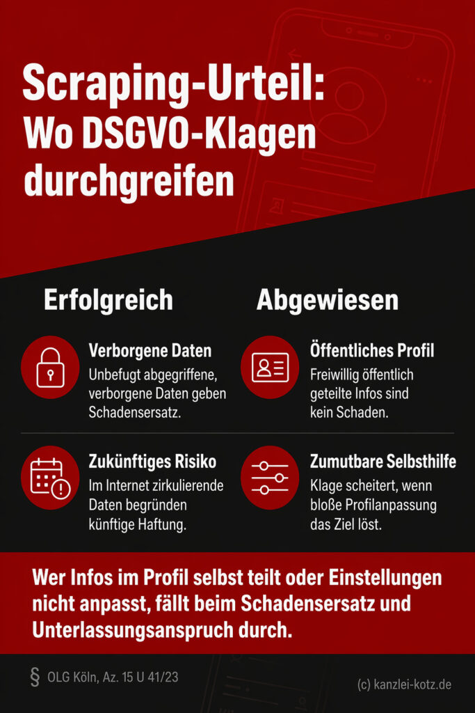 Infografik (Gegenüberstellung): Analyse erfolgreicher vs. abgewiesener DSGVO-Klagen nach einem Scraping-Datenleck.