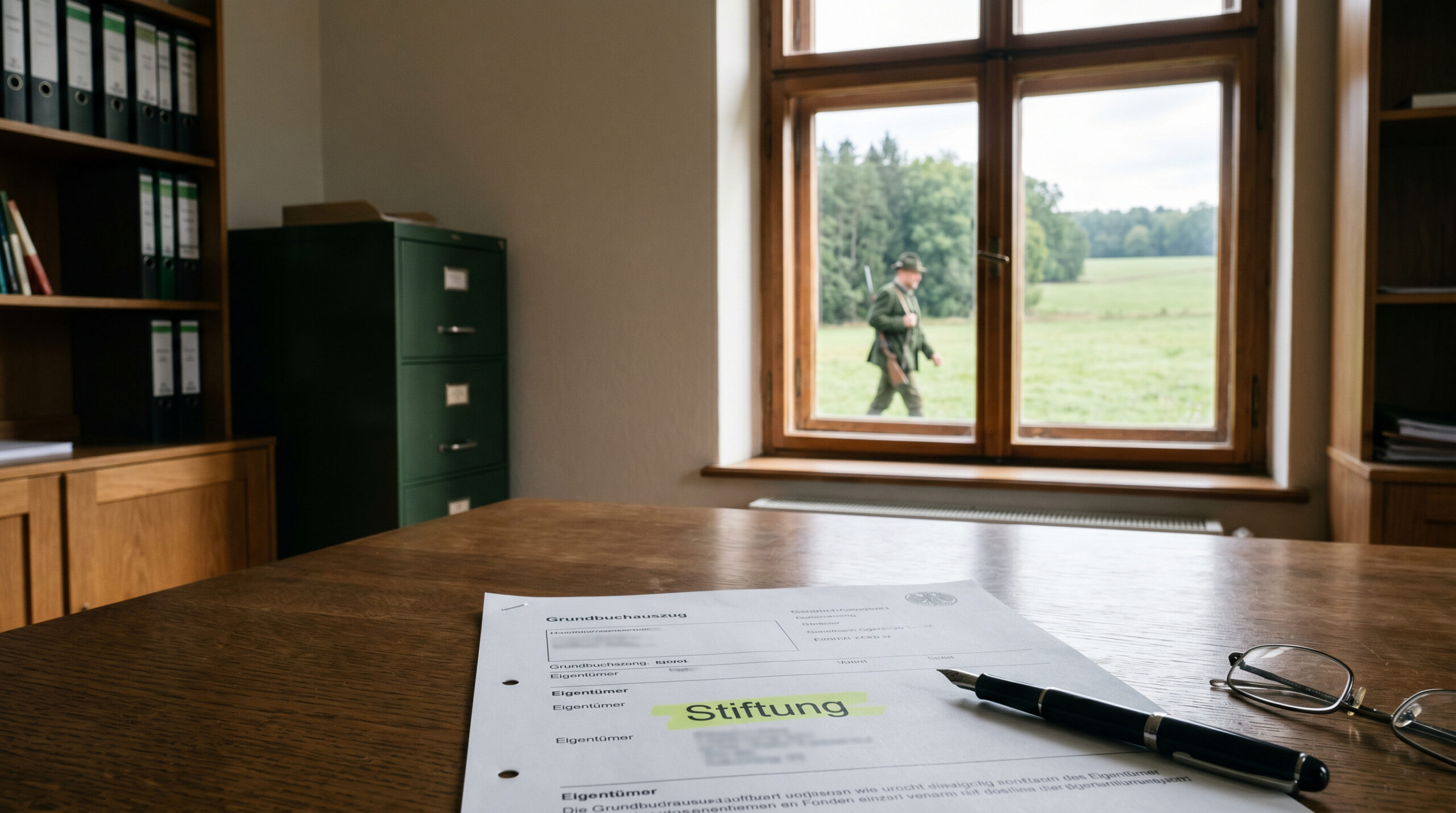 Grundbuchauszug mit markiertem Stiftungsnamen auf Holztisch, im Hintergrund ein Jäger auf einer Wiese vor dem Fenster.