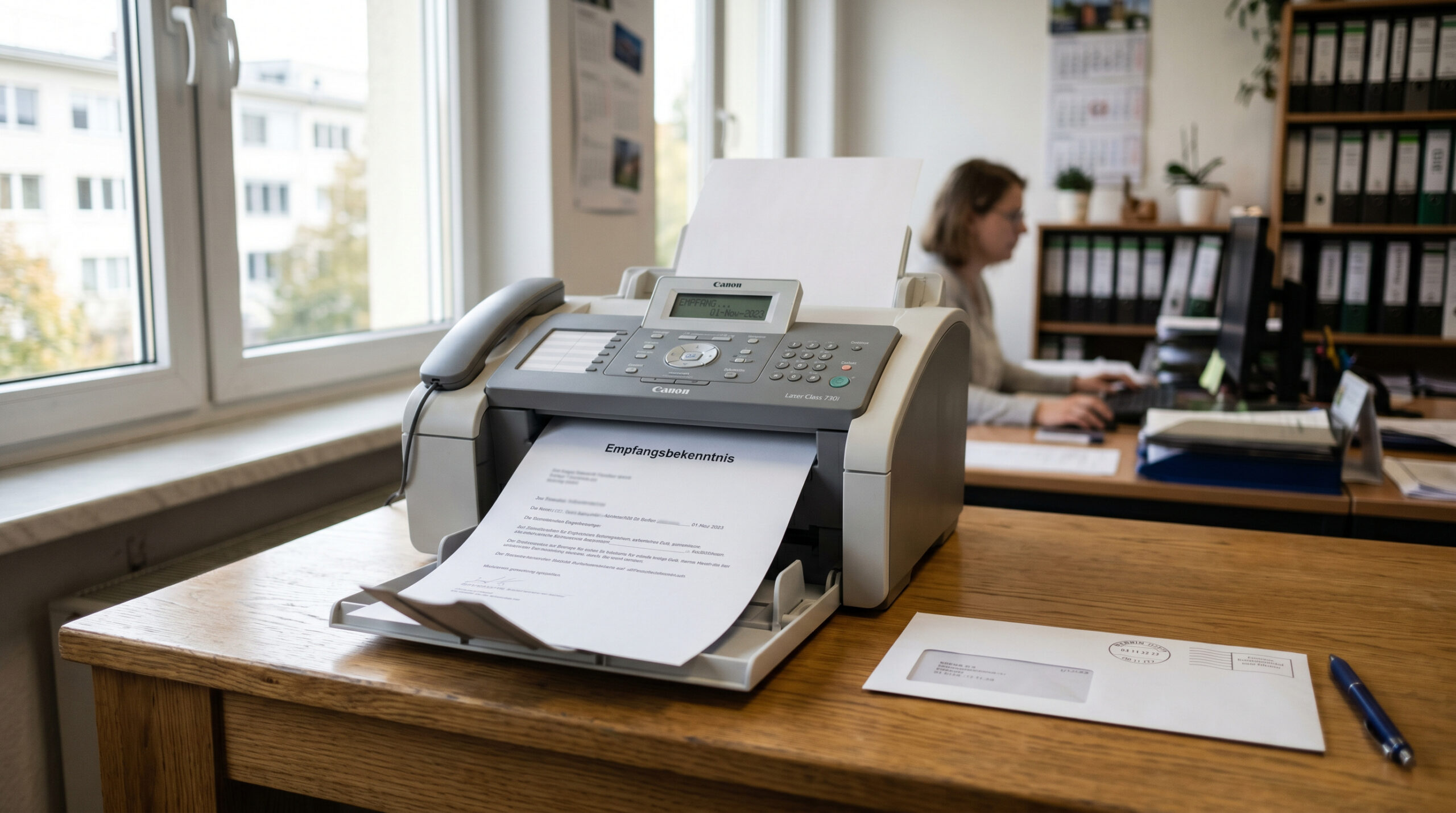 Faxgerät im Büro druckt ein Empfangsbekenntnis aus; daneben liegt ein Briefumschlag auf einem Holztisch.