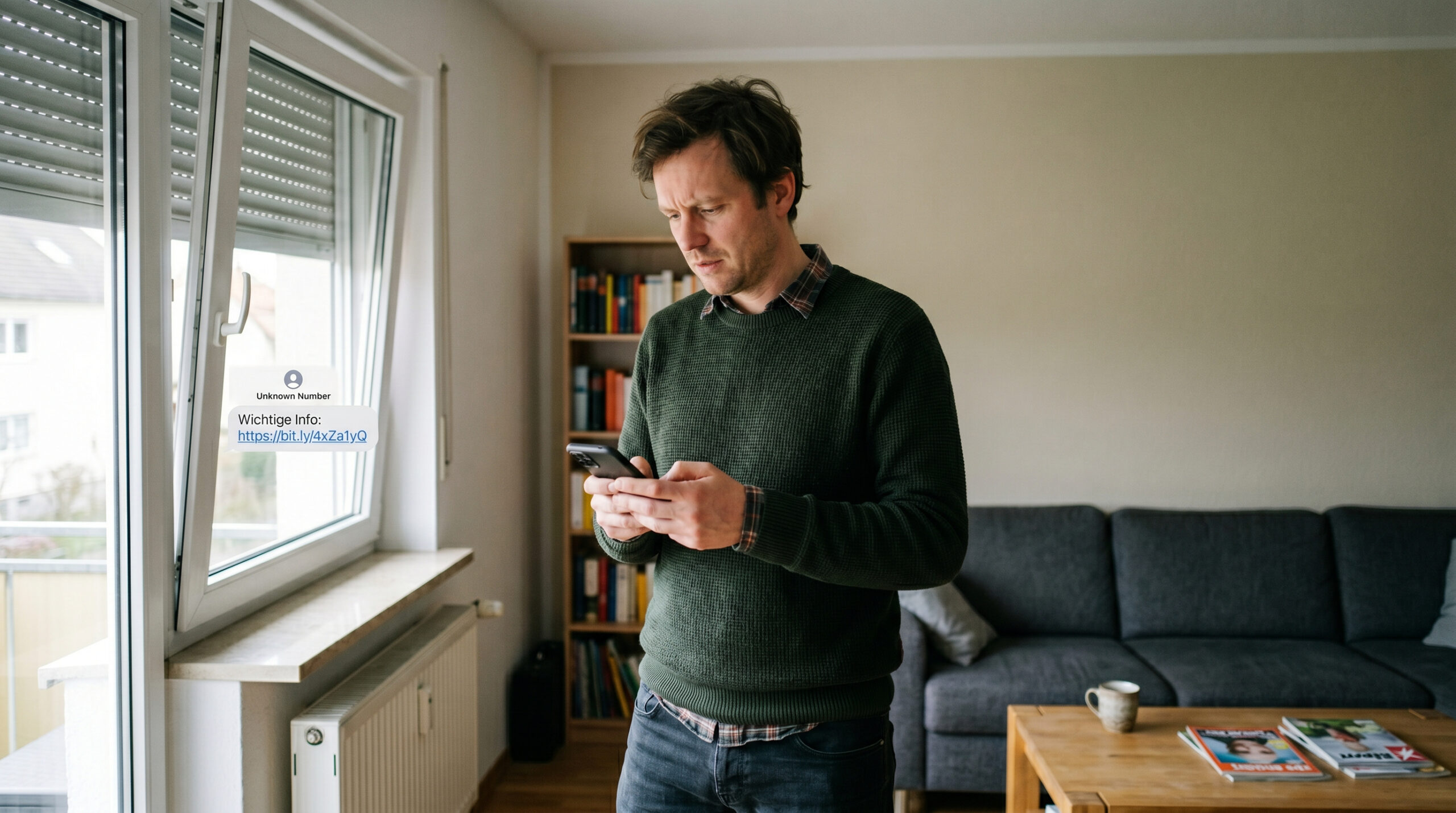 Ein Mann blickt in seinem Wohnzimmer verunsichert auf eine Spam-SMS auf seinem Smartphone-Display.