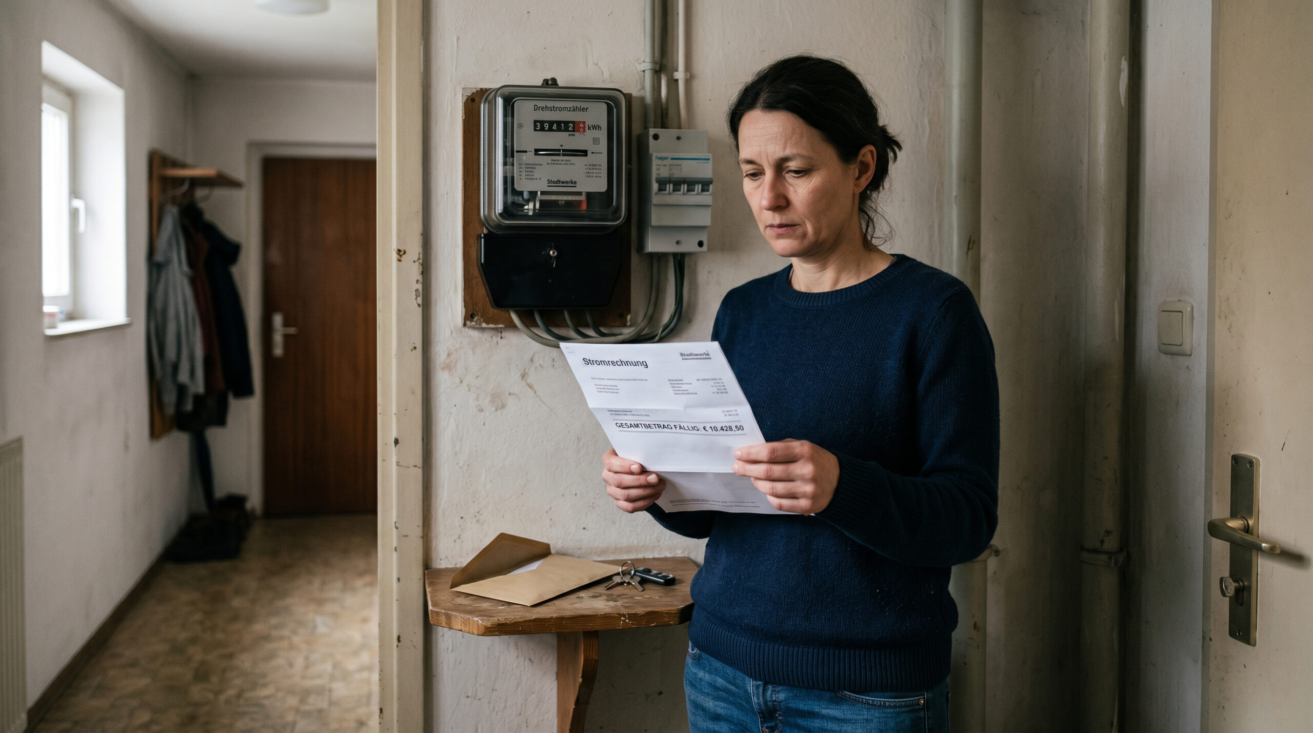 Frau im Hauswirtschaftsraum hält Stromrechnung über 10.000 Euro neben einem mechanischen Stromzähler an der Wand.