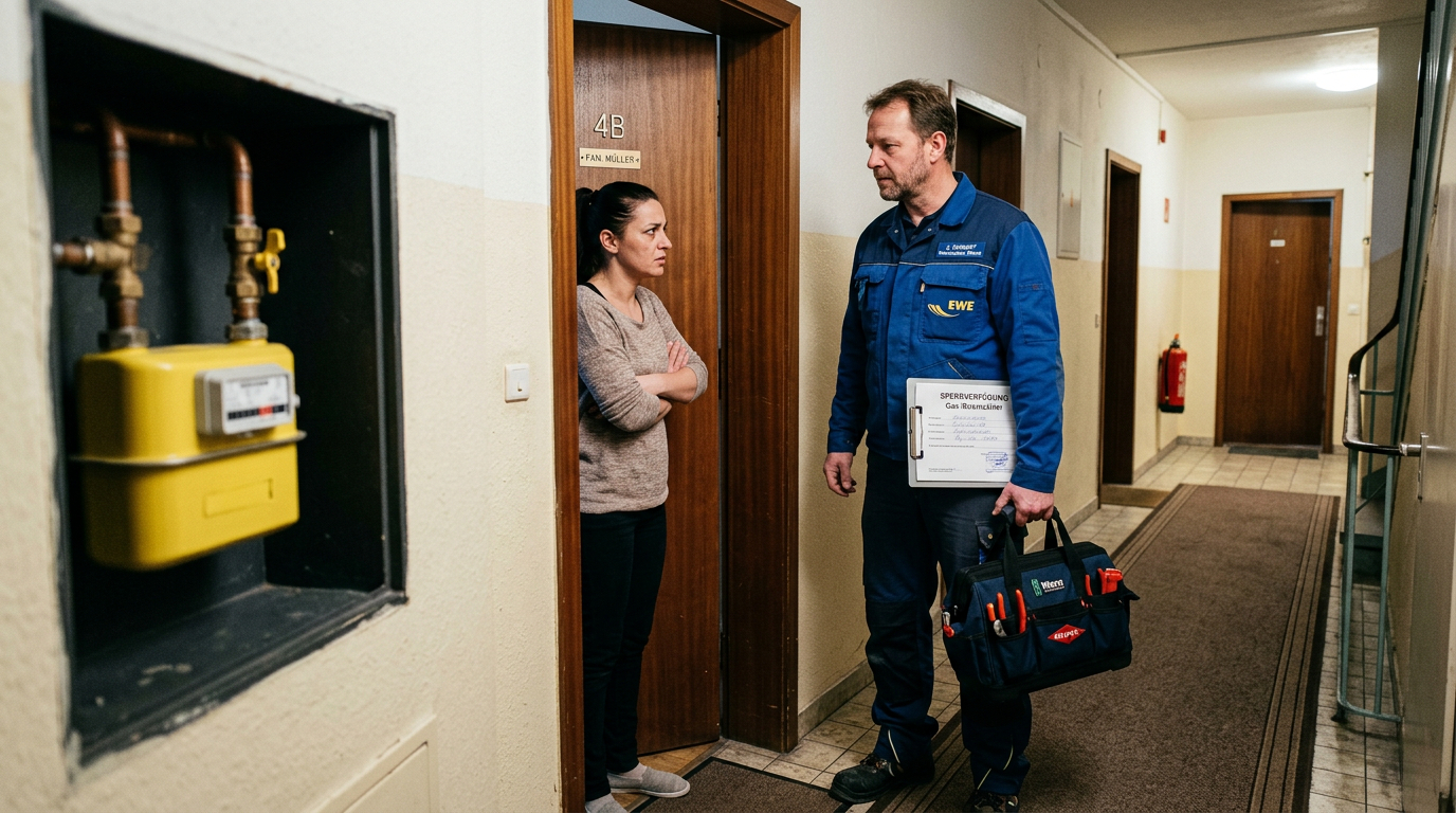Ein Techniker mit Werkzeugtasche und Klemmbrett wird von einem Bewohner an einer Wohnungstür am Zutritt gehindert.