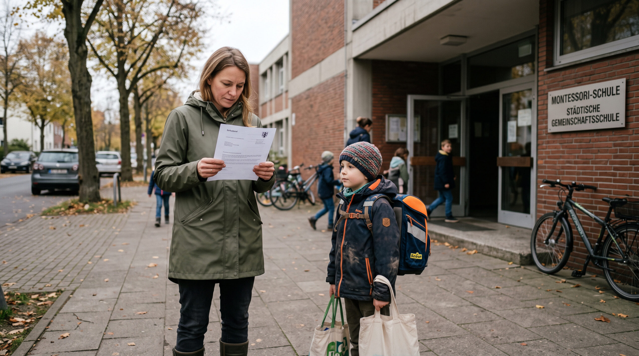 Ein Erwachsener prüft einen Zuweisungsbescheid auf einem Schulhof, während ein Kind mit Ranzen im Hintergrund wartet.
