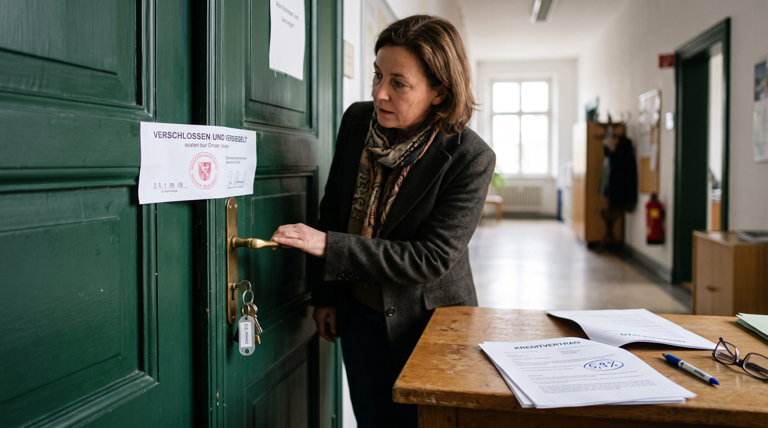 Offizielles Pfandsiegel am Türschloss, Darlehensvertrag mit eingekreistem Zinssatz und Schlüsselbund im Vordergrund.
