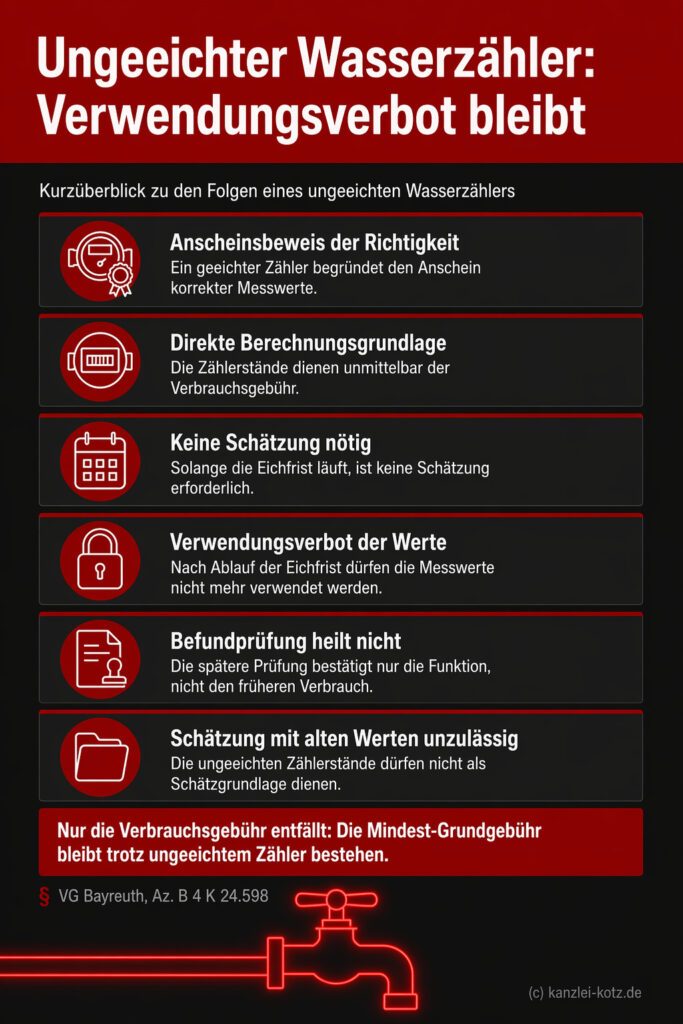Infografik (Checkliste): Sechs Punkte zu Folgen eines ungeeichten Wasserzählers – Verwendungsverbot bleibt bestehen.