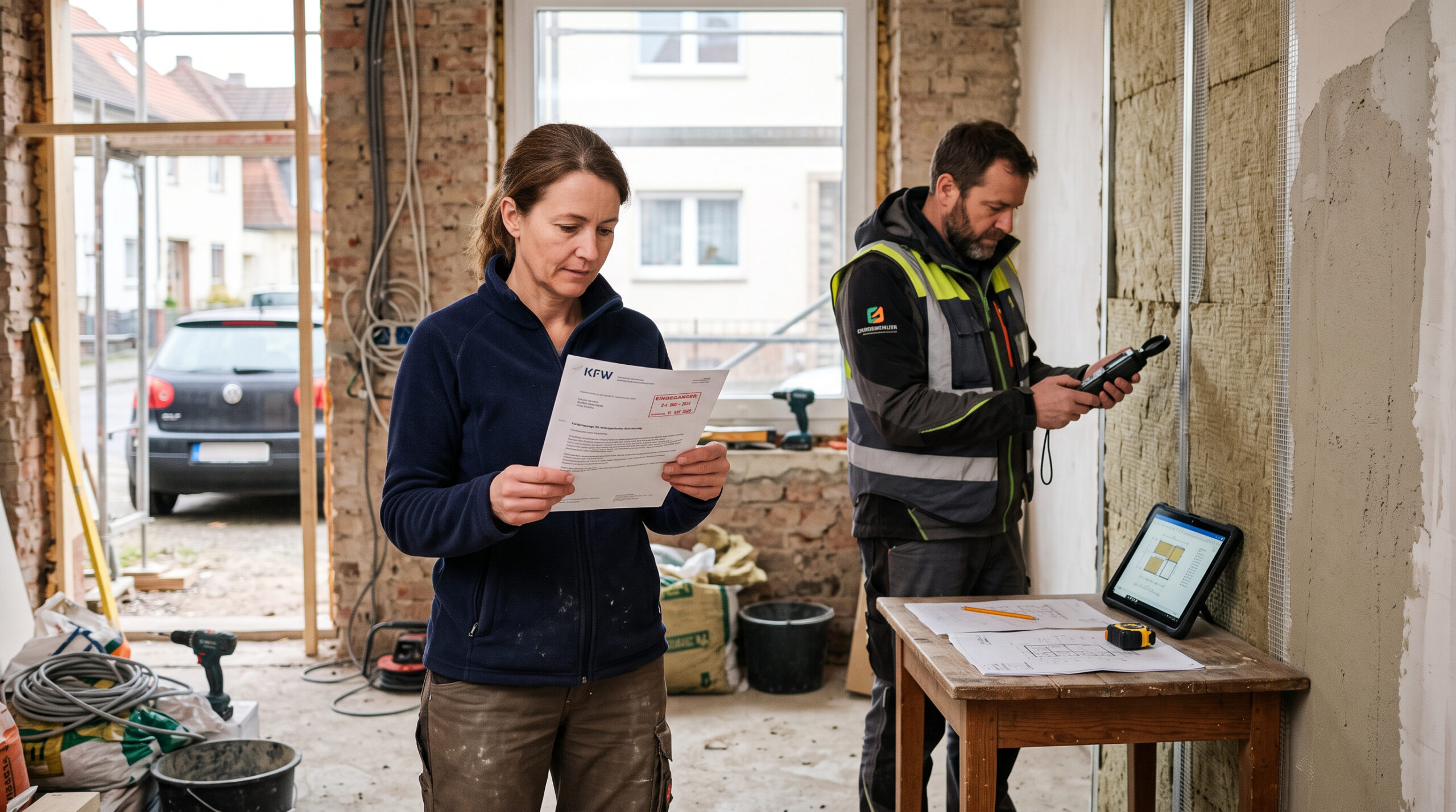 Eigenverantwortliche Prüfung der KfW-Förderfrist durch Eigentümerin auf Baustelle