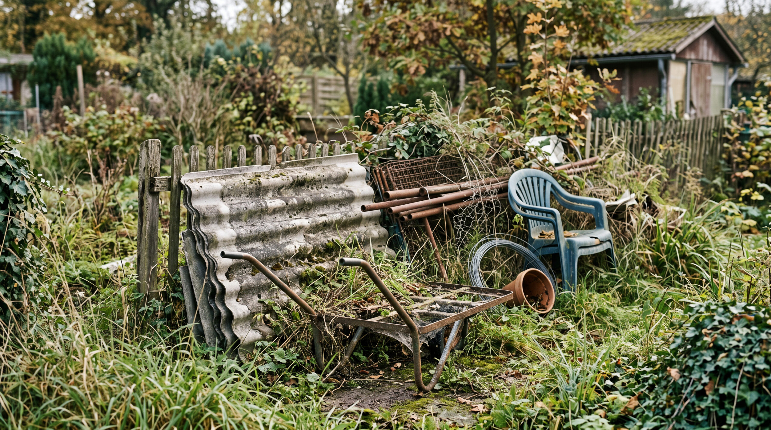 Verwildertes Privatgrundstück mit überwachsender Lagerung verrosteter Rohre, Maschendraht und grauer Platten im hohen Gras.