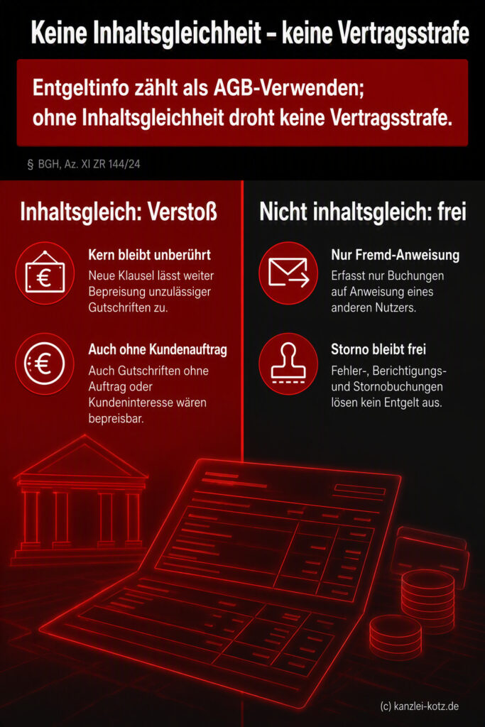 Spaltenvergleich zur Entgeltklausel „Gutschrift einer Überweisung“ mit Ergebnisbox oben, die zeigt, dass ohne fortbestehenden