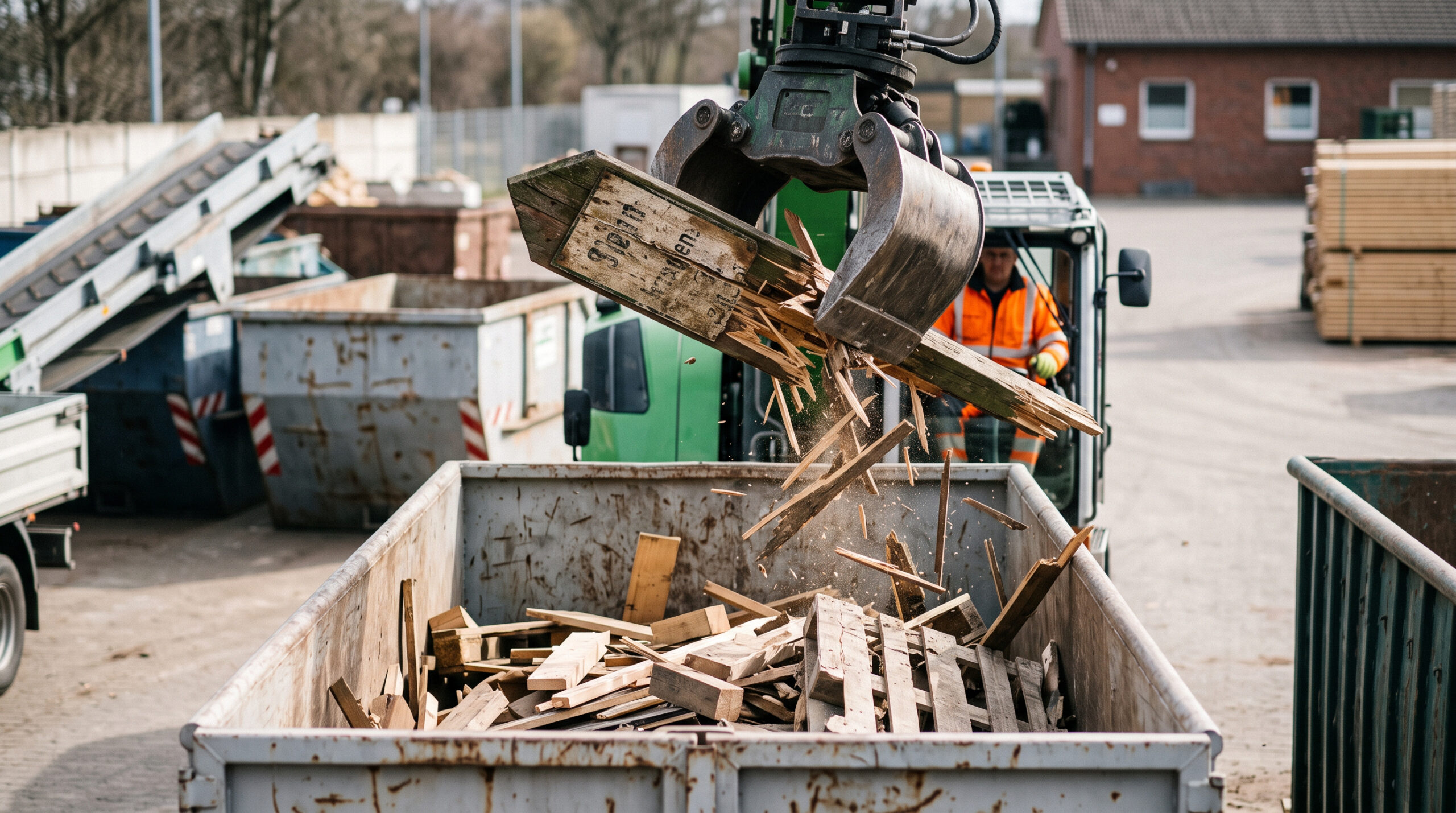 Maschinelle Zerkleinerung einer Holzstele im Recyclinghof, Splitter fallen in einen halbgefüllten Metallcontainer.
