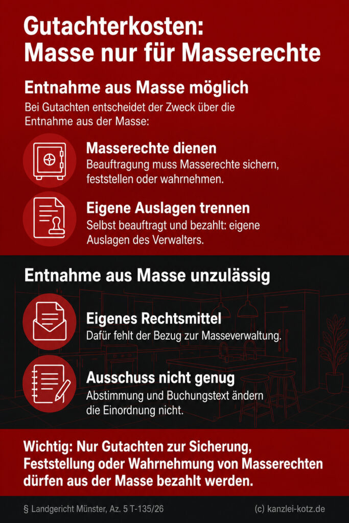 Horizontale Farbbänder zeigen zulässige und unzulässige Entnahme von Gutachterkosten aus der Insolvenzmasse.
