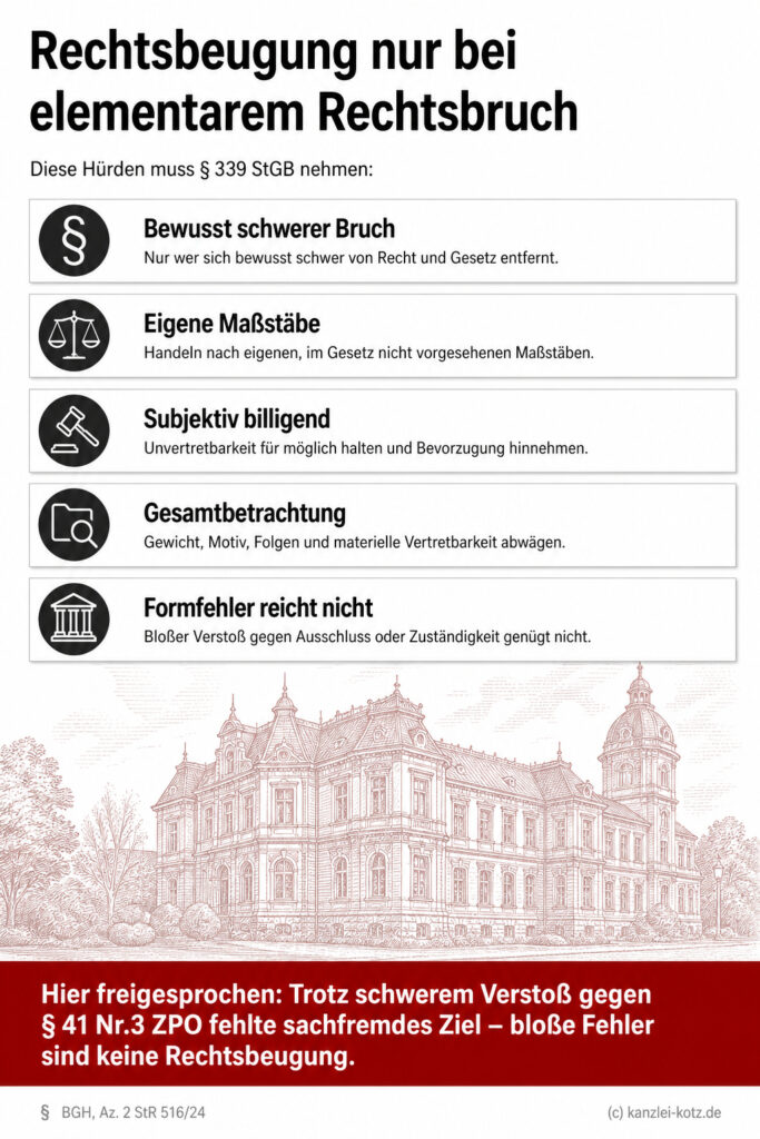 Checkliste zur Rechtsbeugung nach § 339 StGB als gestreifte Grafik. Fünf kumulative Tatbestandsmerkmale neben Schlussfolgerun