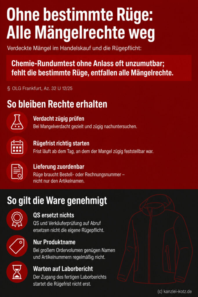 Erlaubt/Verboten-Infografik zu § 377 HGB: Zeigt handlungsleitende Pflichten zur wirksamen Mängelrüge gegen typische Fehler, d