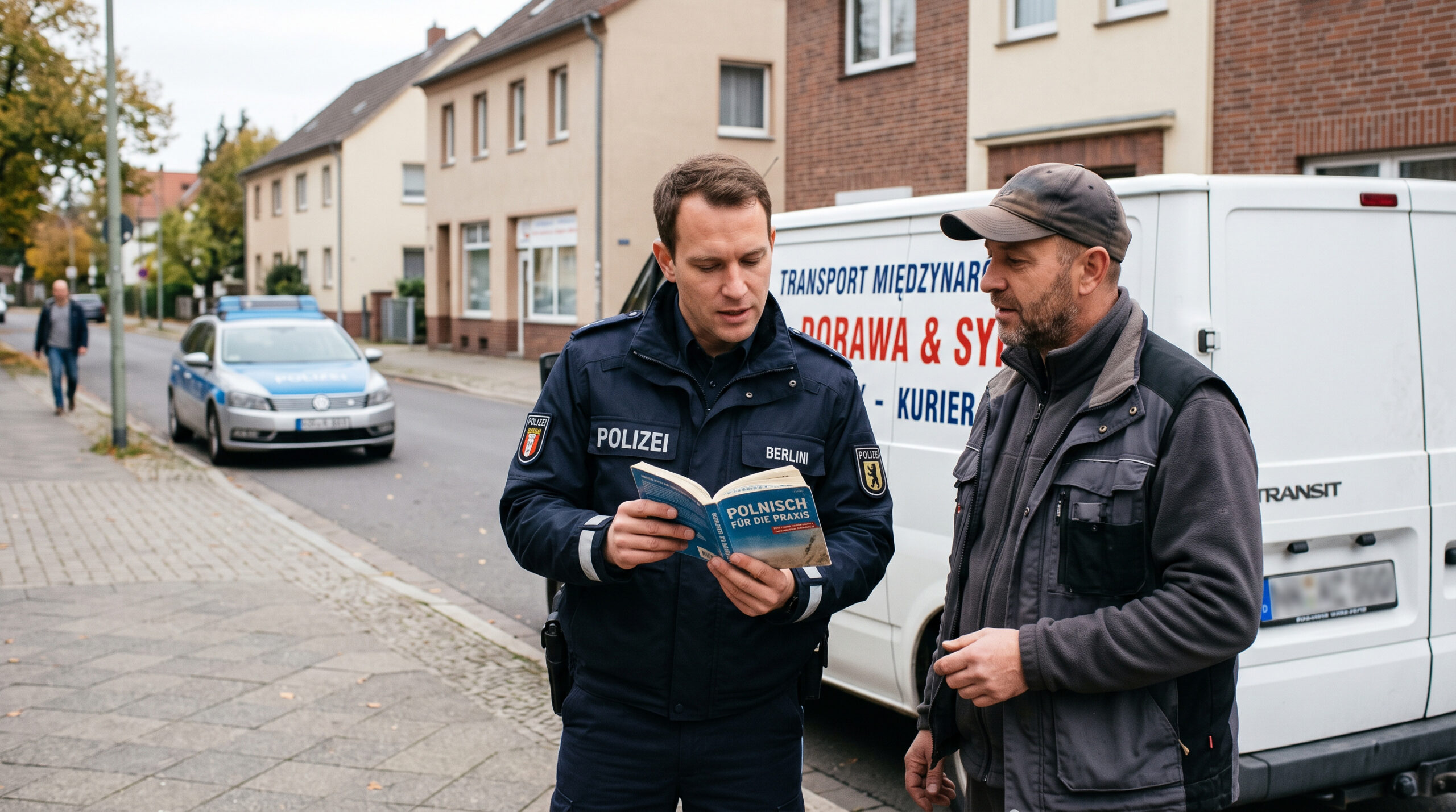 Polizist in Uniform studiert Polnisch-Sprachführer auf Straße, während er mit Lkw-Fahrer spricht. Streifenwagen im Hintergrun
