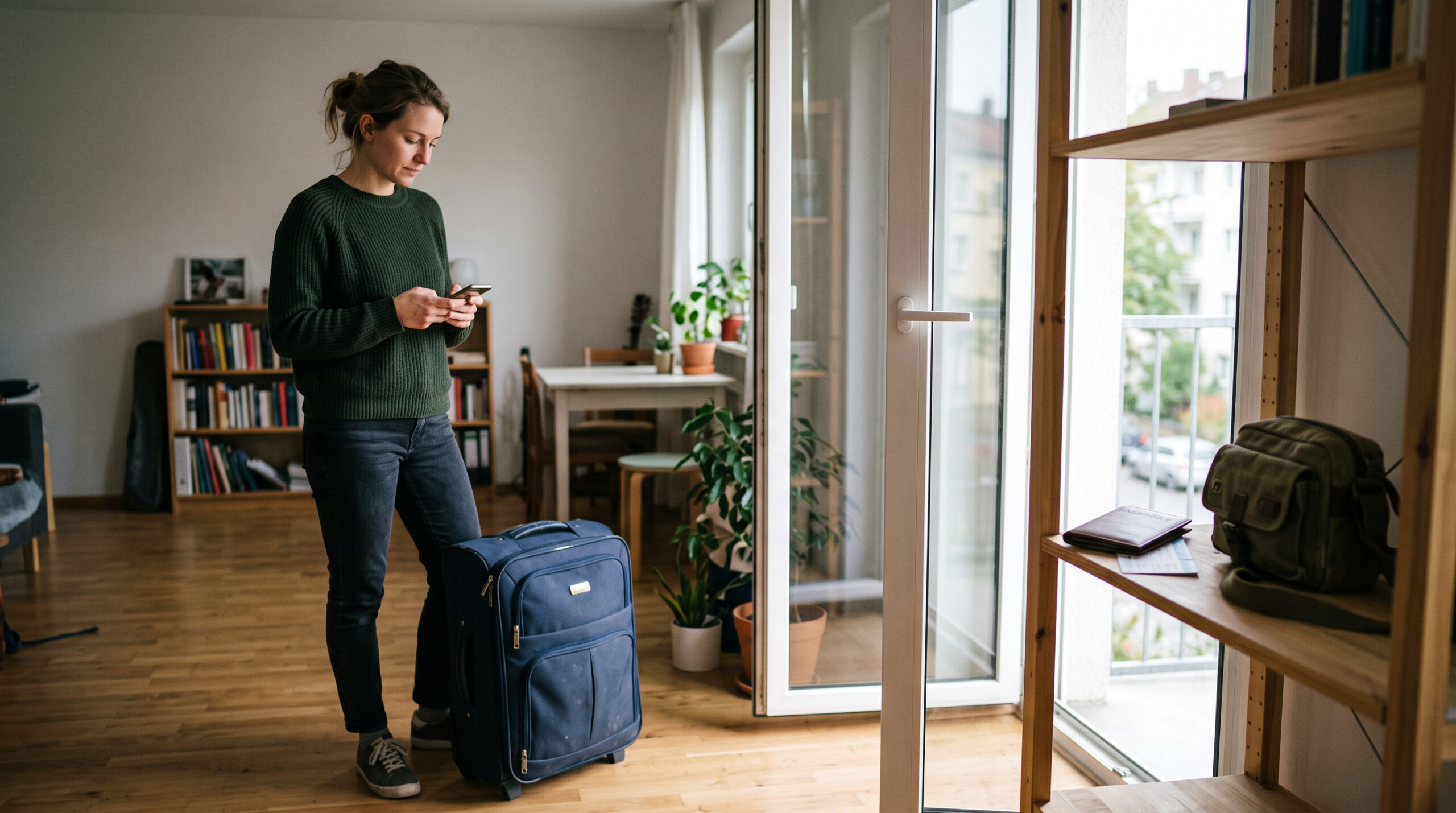 Eine Person steht neben einem gepackten Koffer in einer schlichten Ferienwohnung. Pass und Reisetasche liegen bereit.