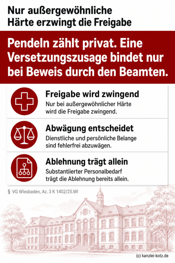 Dreistufige Ampelgrafik zur Versetzungsfreigabe: Erst Fazit, dann die drei Statusstufen Härte, Abwägung, Personalbedarf mit k