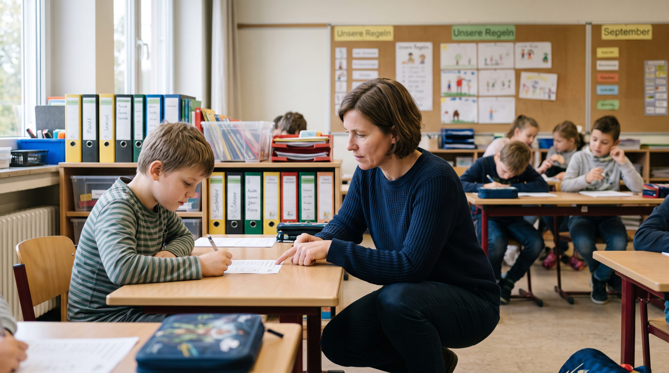 Lehrerin kniet im Förderschulunterricht neben dem Schreibtisch eines Schülers und erklärt eine Arbeitsaufgabe, während andere