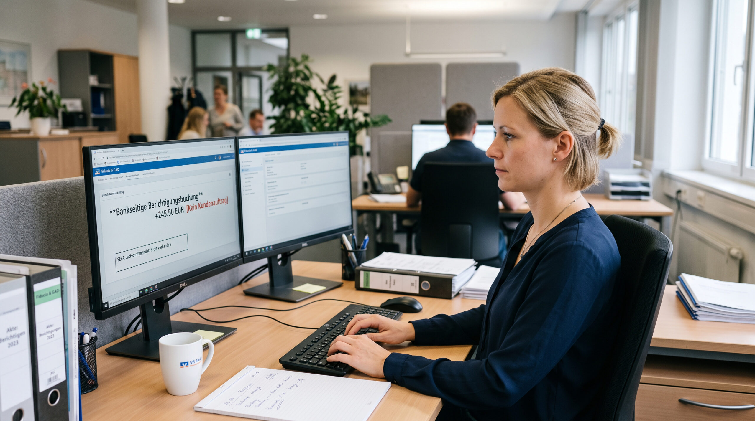 Bankmitarbeiter korrigiert fehlerhafte Buchung am Computerbildschirm im Büro