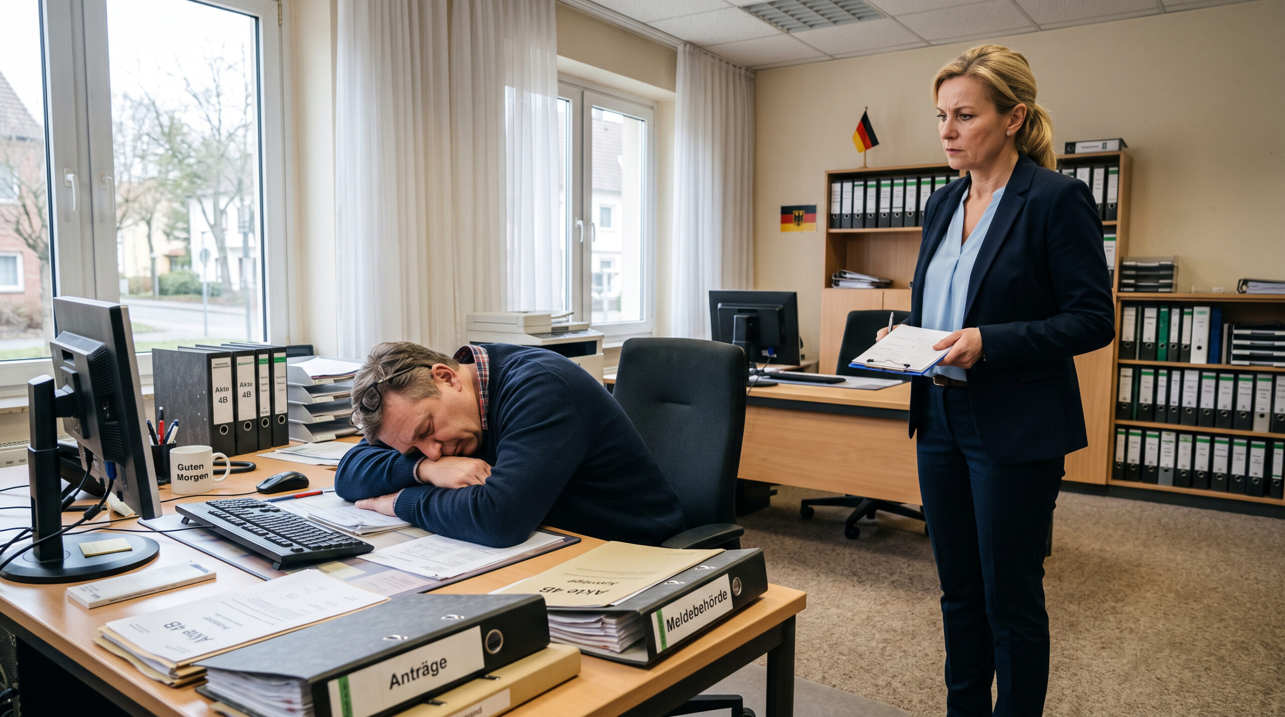 Schlafender Beschäftigter am Arbeitsplatz im Amtsbüro, eine Vorgesetzte betrachtet die Szene aufmerksam.