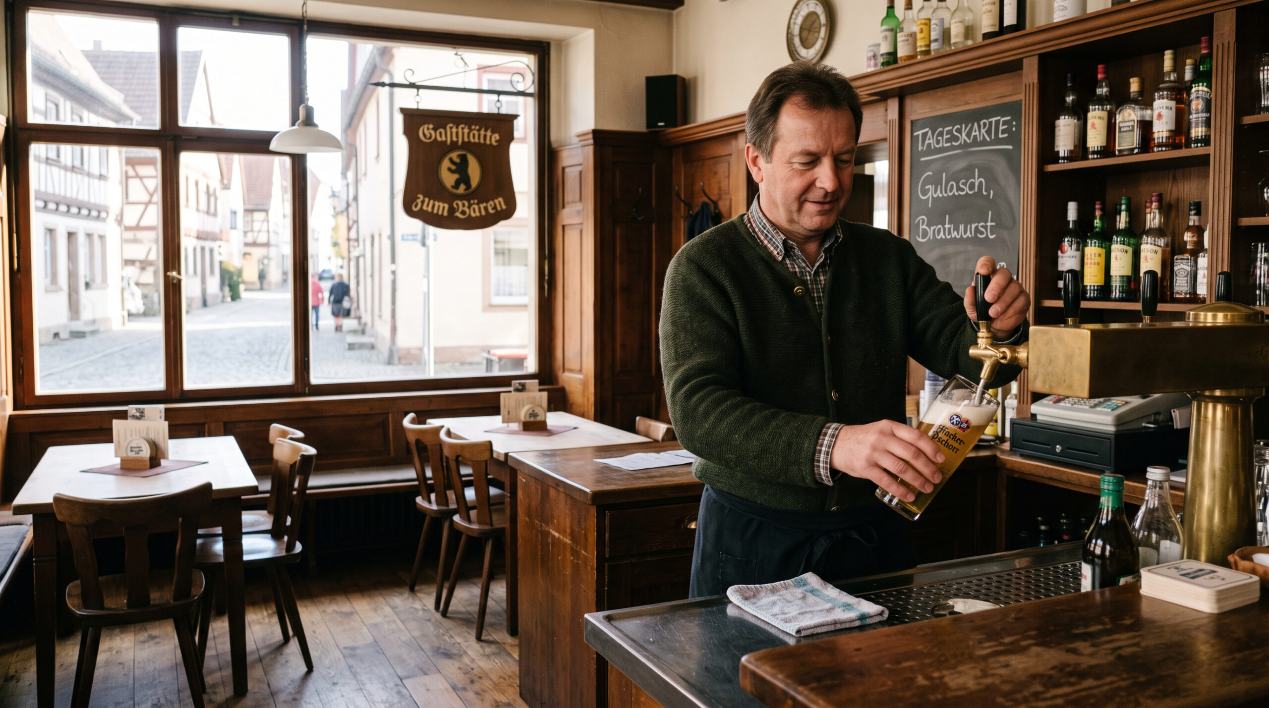 Schankwirts hinter dem Tresen, der ein Bier aus der Zapfanlage in ein Glas füllt, wenige leere Tische im Gastraum, natürliche