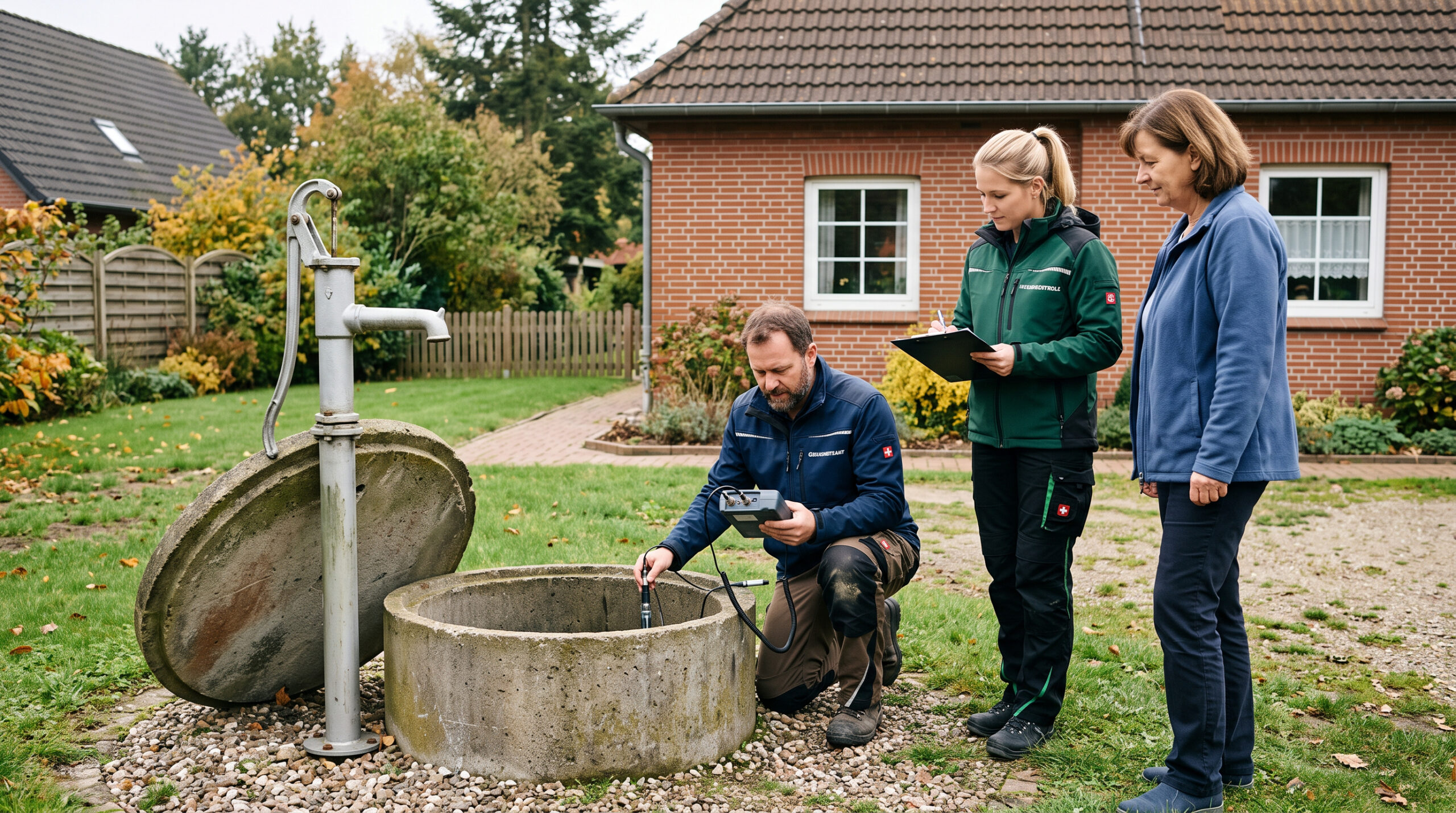Zwei Fachkräfte prüfen eine geöffnete Brunnenanlage mit Prüfgerät, daneben steht ruhig die Eigentümerin auf dem Grundstück.