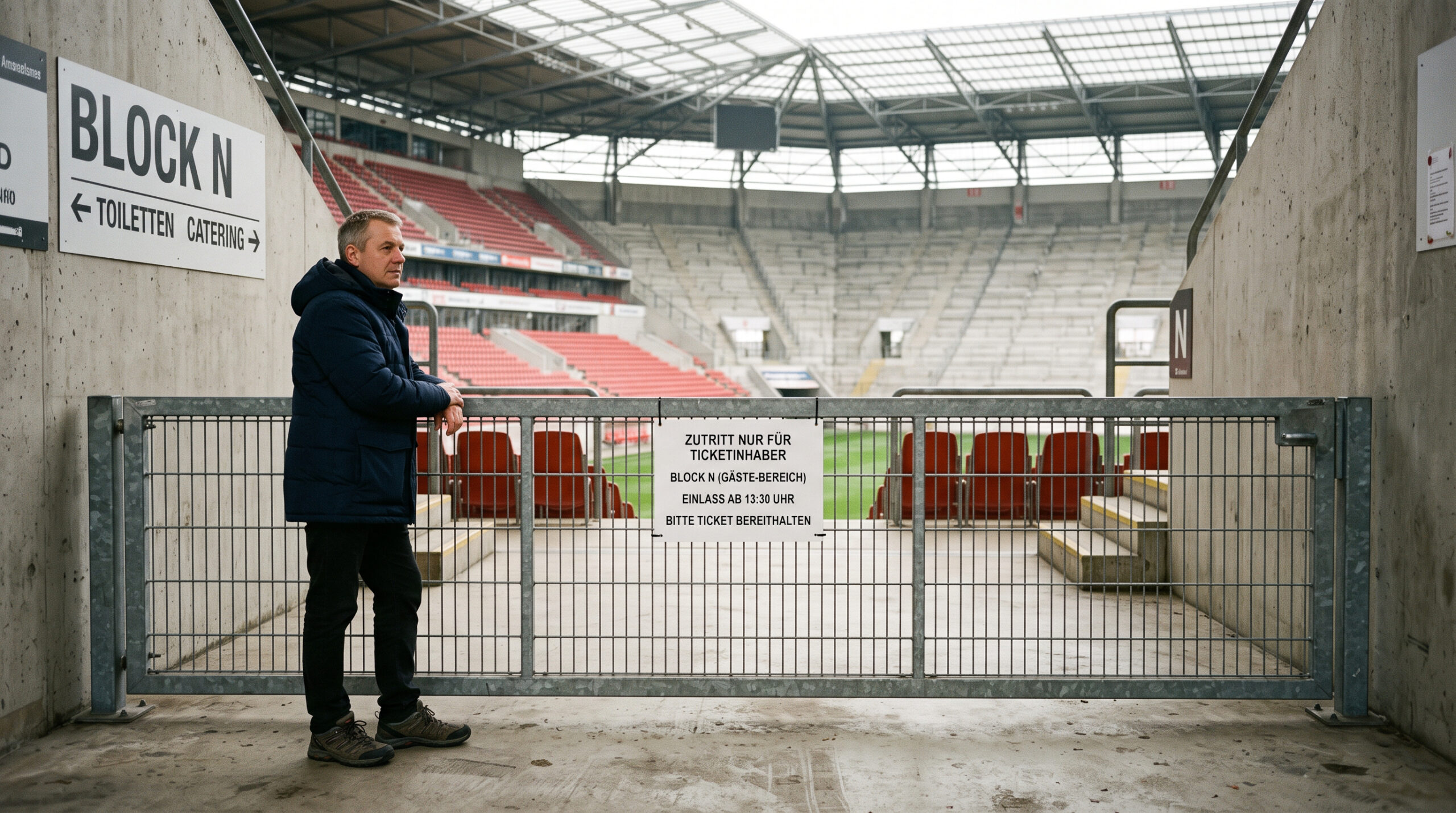 Zuschauer steht vor abgesperrtem Stehplatzblock im Stadion, Hinweisschild zeigt Kapazitätsbegrenzung an.
