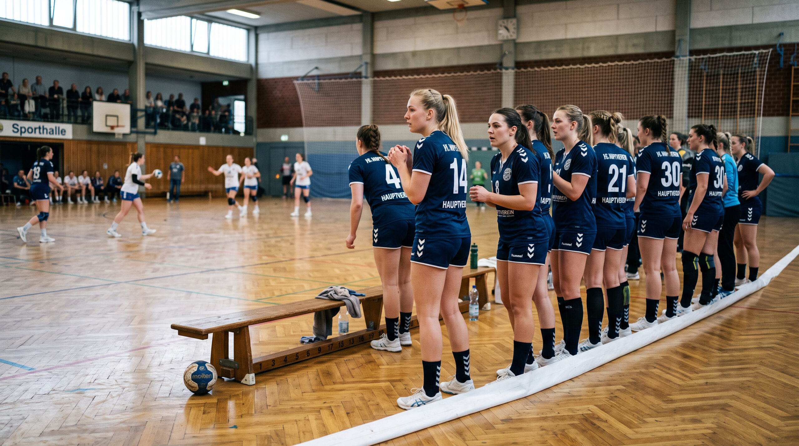 Eine geschlossene Handballmannschaft am Spielfeldrand vor leerer Bank und einzelner Kugel auf markiertem Parkett.