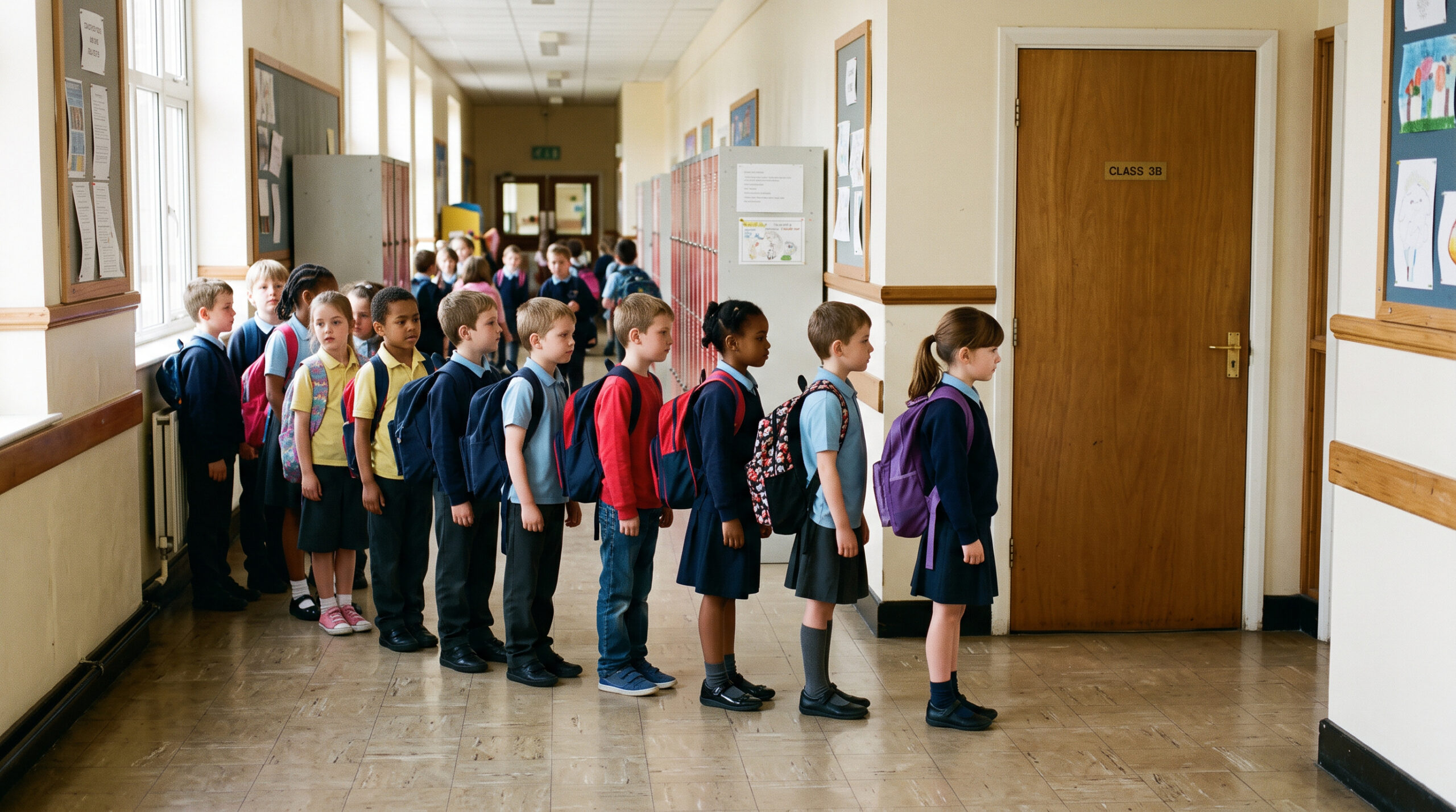 Mädchen am Ende einer Reihe wartender Kinder mit Ranzen vor geschlossener Schulhaustür.
